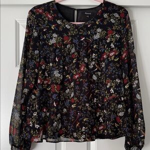Madewell Black Floral Sheer Blouse Size: L
